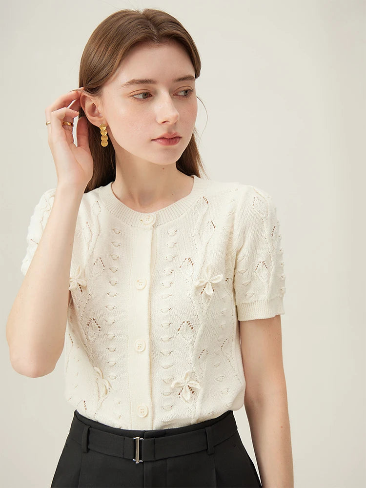 FSLE French Round Neck Knit Cardigan Women's Summer 2024 New Temperament Short Sleeved Flower Red Beige Women Top 24FS12111