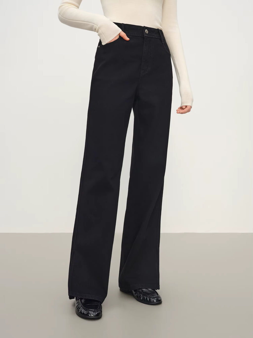 High-Waisted Black Wide-Leg Jeans with Slit Detail, Women's Fashion Casual Stretch Denim Trousers