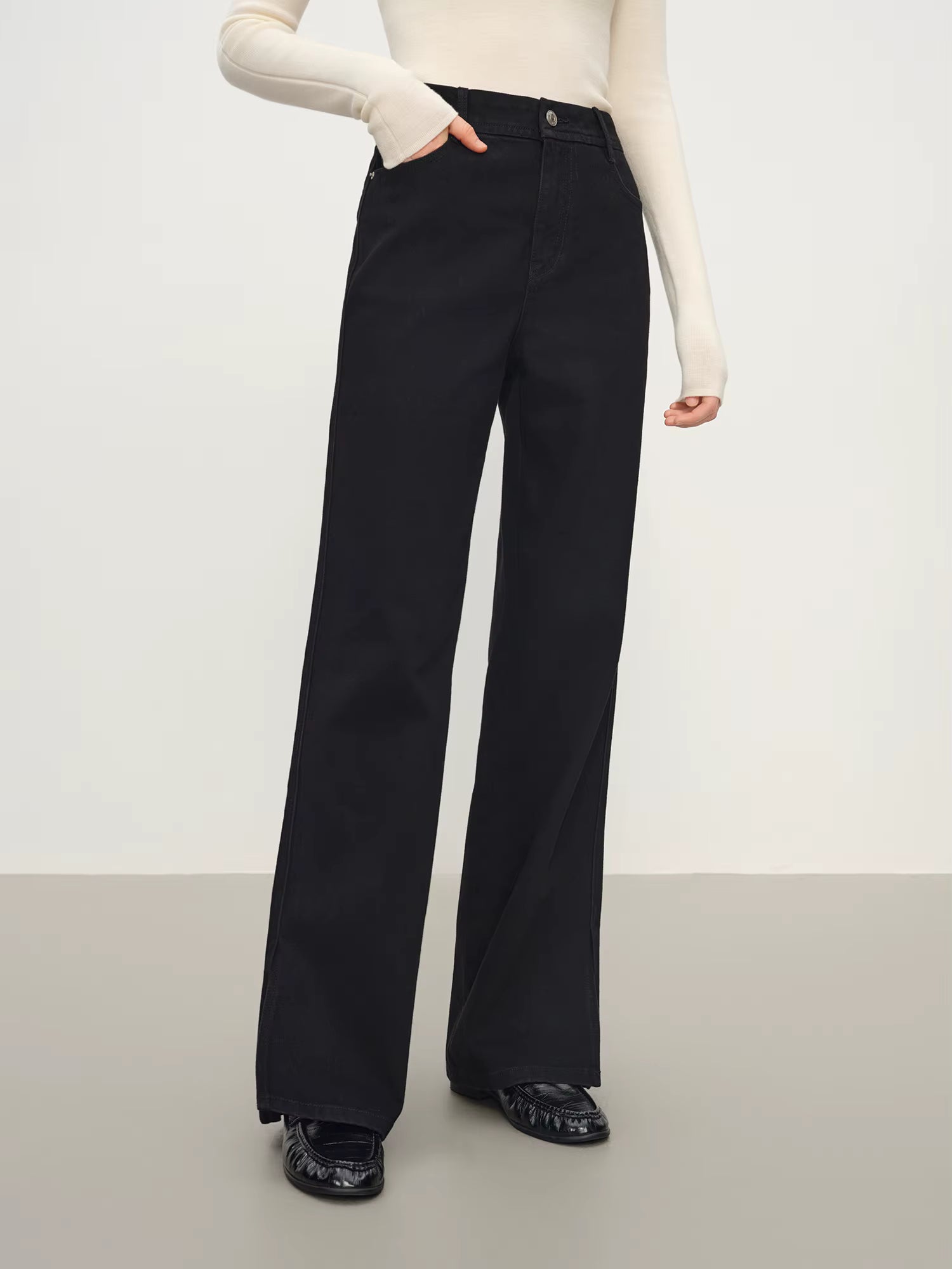 High-Waisted Black Wide-Leg Jeans with Slit Detail, Women's Fashion Casual Stretch Denim Trousers