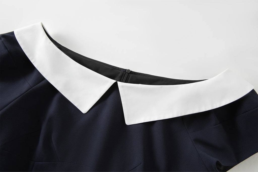 FSLE Contrast Color Splicing Lantern Sleeve Dress Female 2025 Summer New One-line Shirt Collar Mid-length Dress