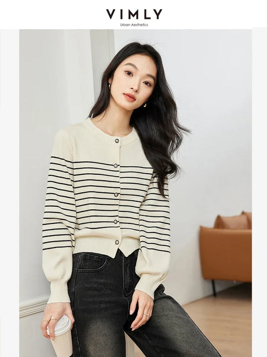 VIMLY Women's Simple Office Lady Knitwear Autumn New Striped Long Sleeve O-Neck Single Breasted Button Versatile Cardigan Tops