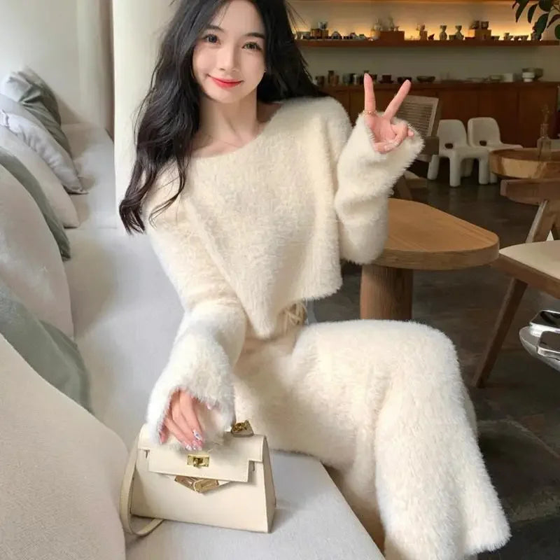 Korejpaa Imitation Mink Fur Knitted Sweater Skirt Sets Temperament Round Neck Short Pullover Crop Top High Waist Bodycon Skirts