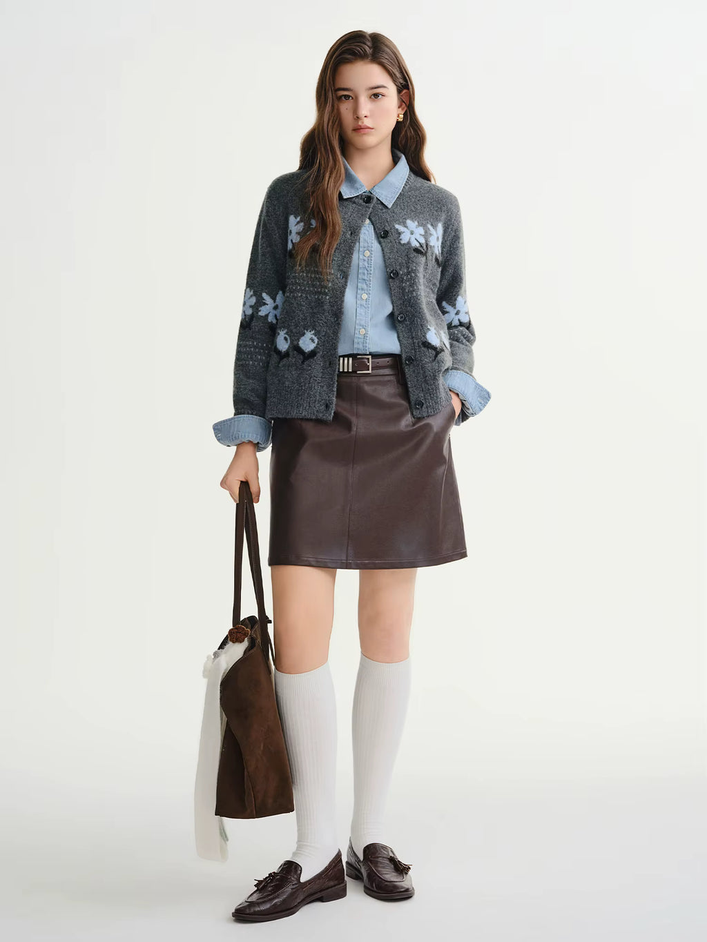 Winter 2025 Women's Floral Jacquard Knit Cardigan - Soft Lazy Style Open Front Sweater for Casual Comfort