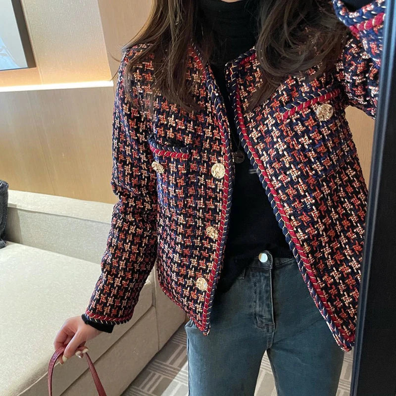 MEXZT Vintage Tweed Jacket Women Elegant Cropped Plaid Blazer Korean Fleece Suit Short Coats Winter Thick Warm Chic Outerwear