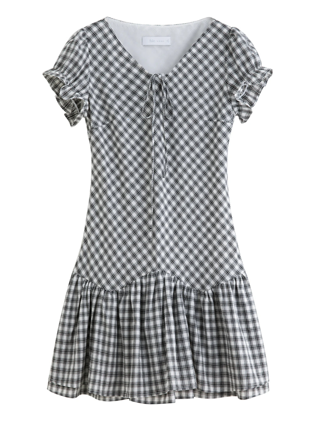 FSLE 2025 Summer Plaid Dress - Black White Textured Ruffle V-Neck Short Flattering Silhouette Office to Party