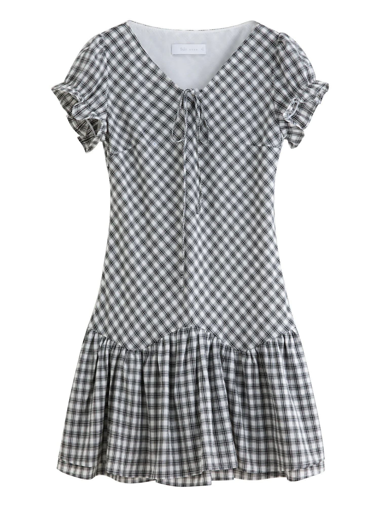 FSLE 2025 Summer Plaid Dress - Black White Textured Ruffle V-Neck Short Flattering Silhouette Office to Party