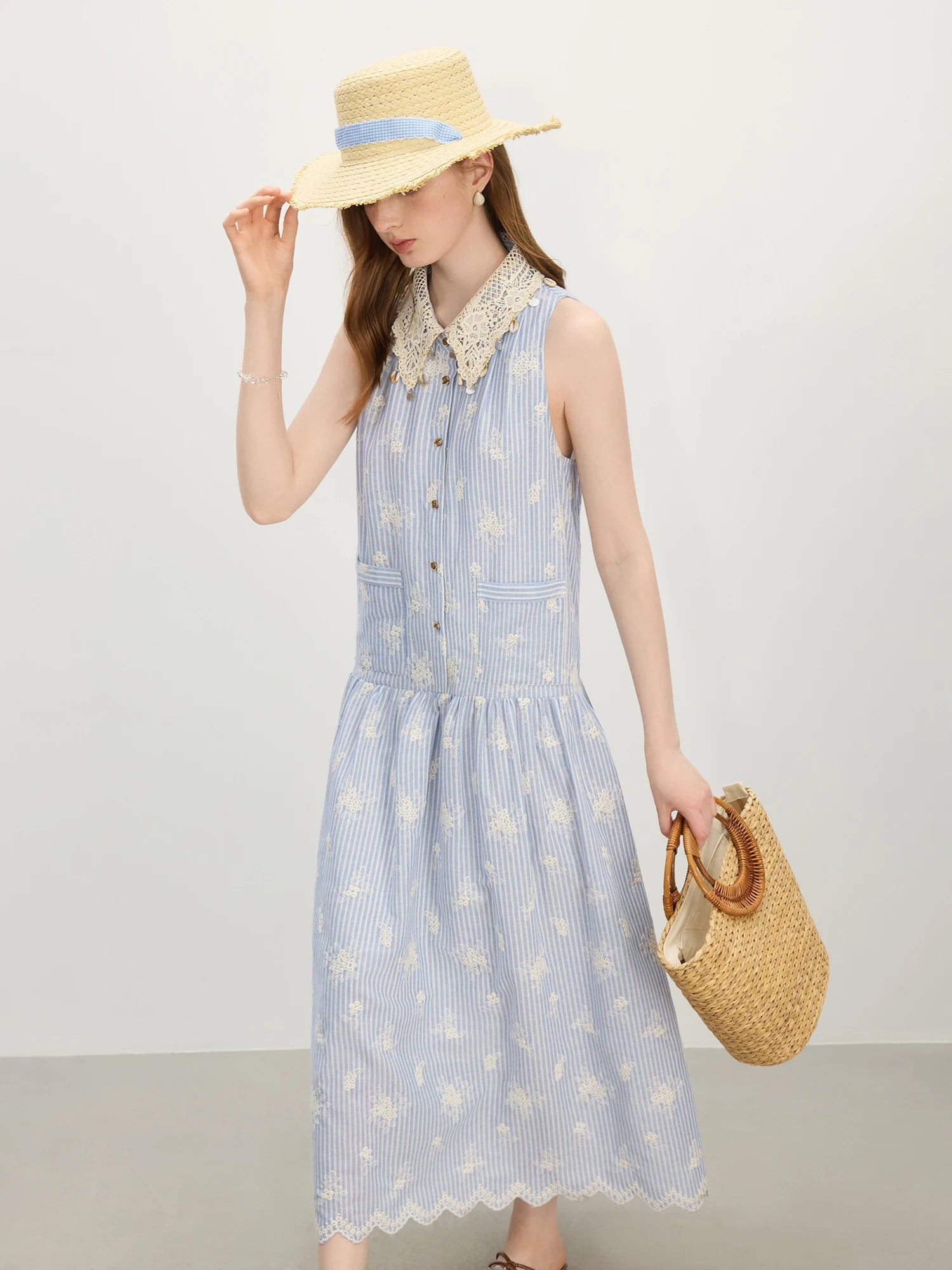 FSLE 2025 Summer New Design - Women's Beach Style Casual Resort Dress with Premium Knit Blue Stripe Dresses