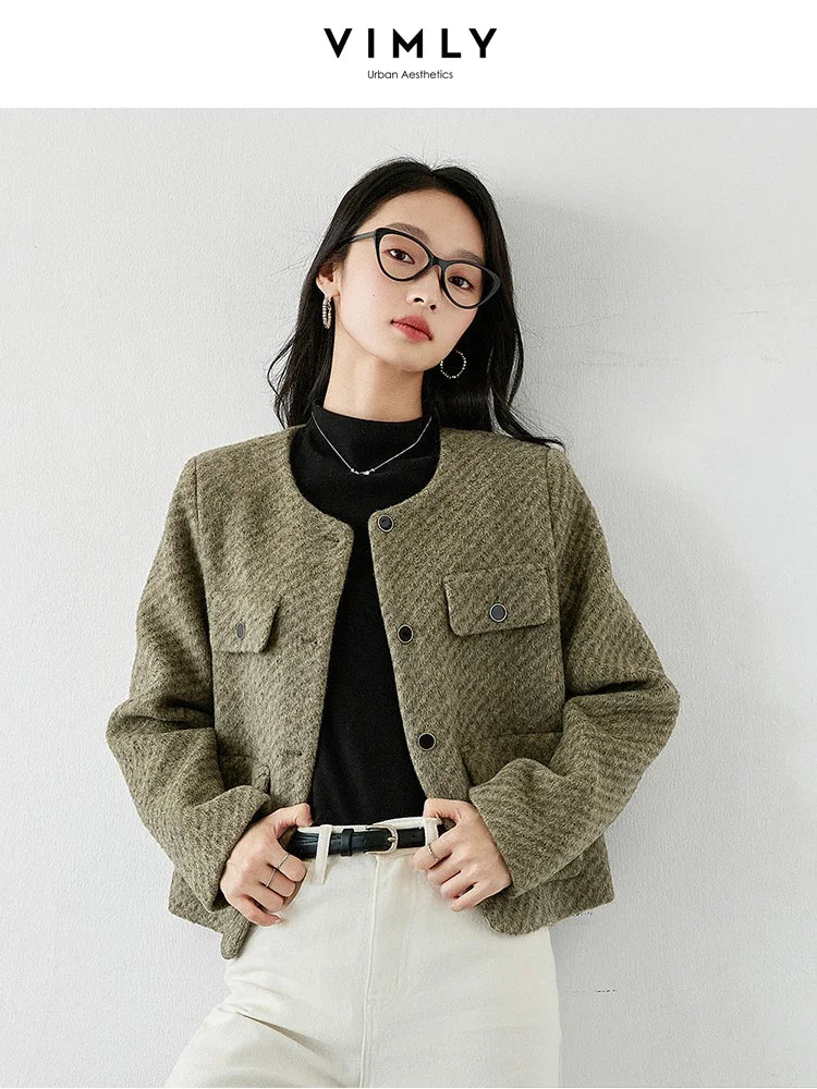 VIMLY Women's Woolen Cropped Jacket Elegant Short Blazer Autumn Winter Office Lady Coat Long Sleeve Simple Outerwear M5555