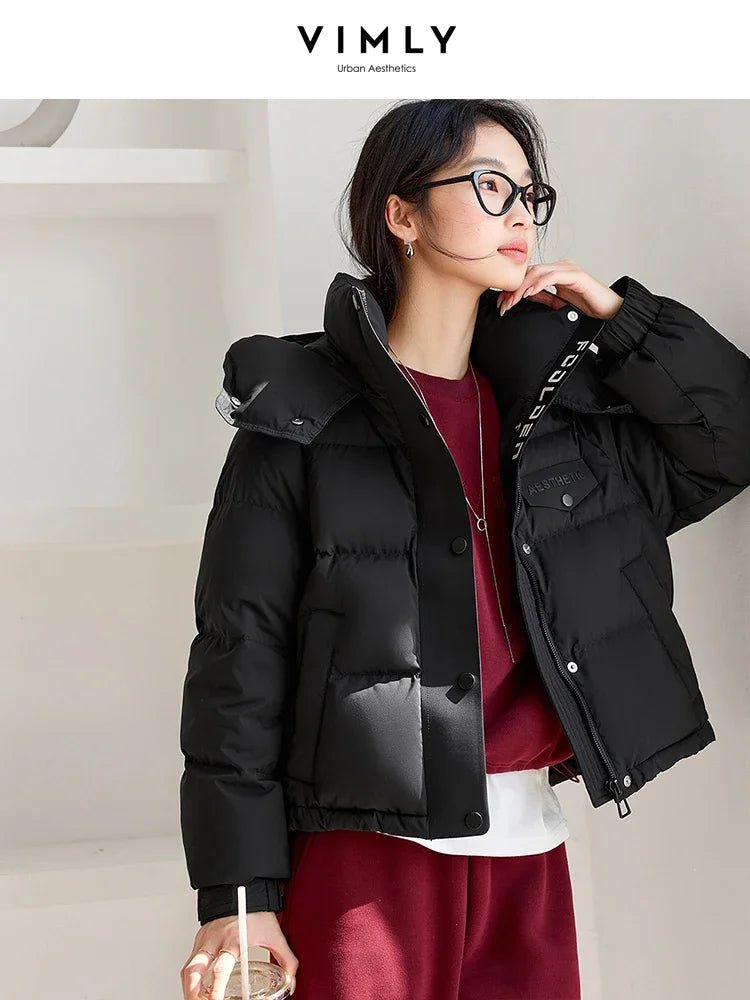 VIMLY Women's Office Lady Short Down Jacket Winter New 90% White Duck Down Hooded Warm Jacket Coat Simple Casual Outercoat50807