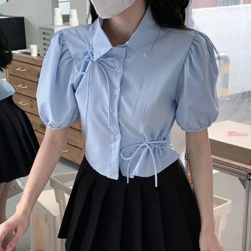 GIDYQ Elegant Women Bow Shirt Korean Fashion Design Chic Tops Y2K Casual Female All Match Puff Sleeve Shirt Summer New