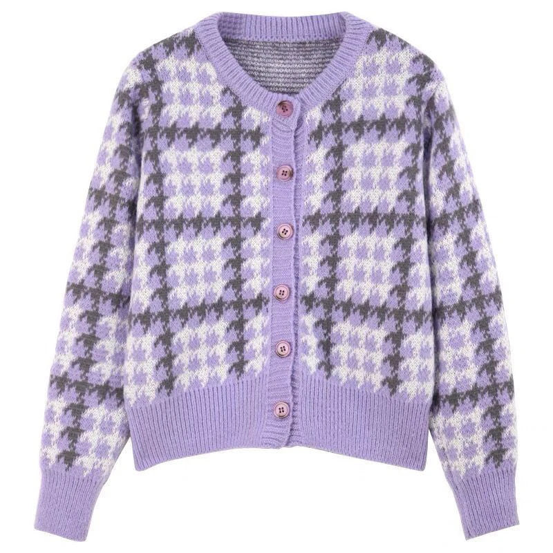 Y2k Pink Women Cardigan Korean Sweet Plaid Long Sleeve Female Sweaters Harajuku New O Neck Preppy Style Ladies Tops