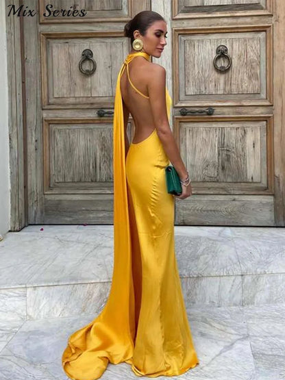 Sexy Satin Ribbon Halter Party Dress Women Elegant Backless Off Shoulder Sleeveless Dresses 2024 Summer New Famale Solid Robes