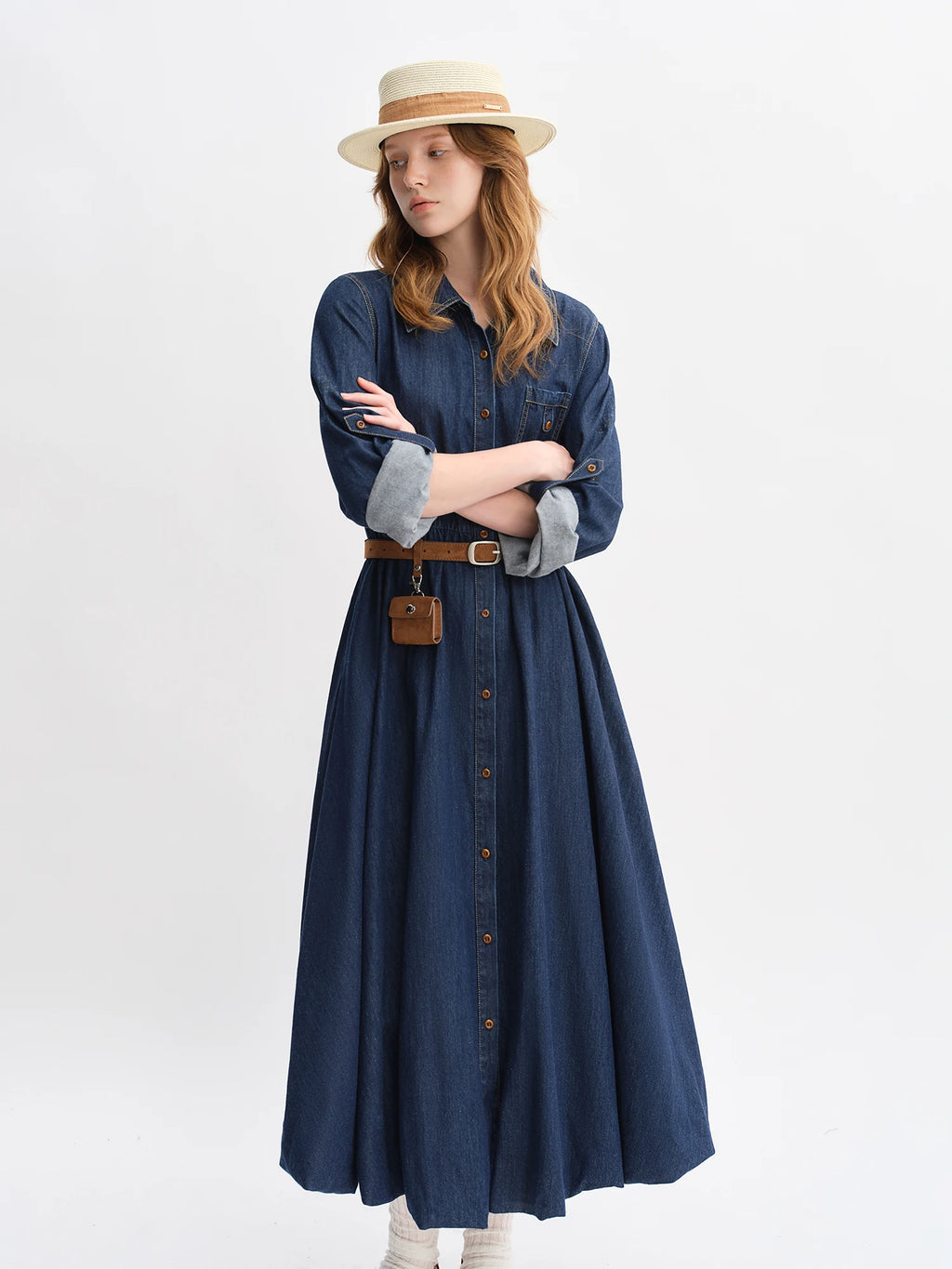 DUSHU Autumn 2025 Women's Denim Dress - Elegant Bouffant Hem Flowy Maxi Dress Casual Daily Wear Empire Waist