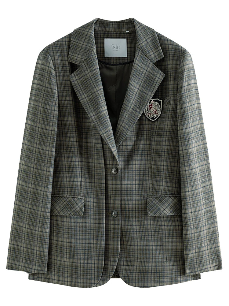 FSLE Blue Grey Temperament Plaid Suit Sets Notched Collar Double Placket Design Stright Blazers Long Pleated A-LINE Women Skirts