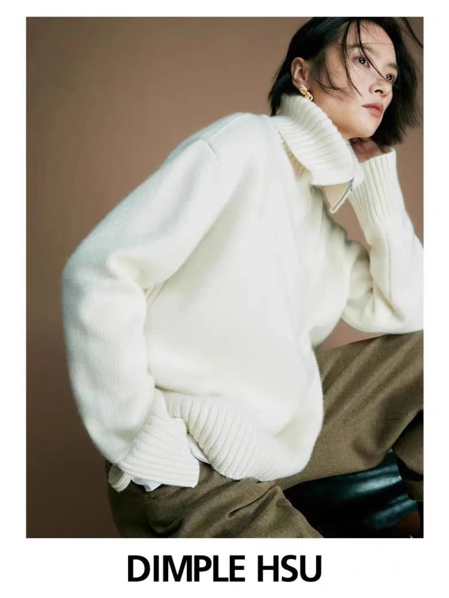 New autumn and winter vintage zipper lapel 100% pure cashmere sweater women's loose thick knit base
