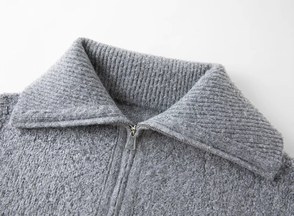 2025 Winter Women's Grey Preppy Style Wide Notch Lapel Knit Cardigan - Casual Commute Open Front Sweater for Daily Elegant