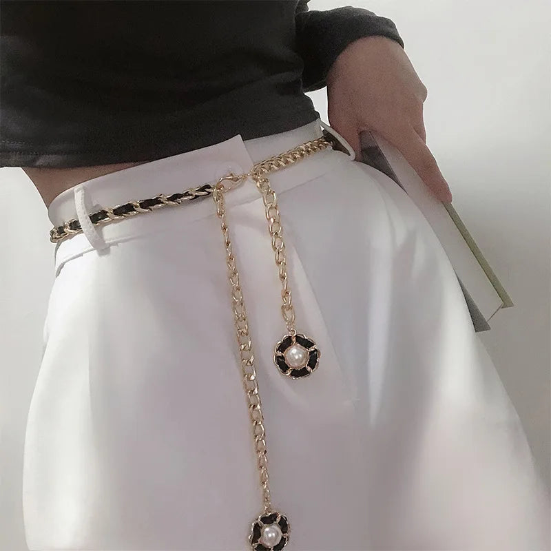 MYMC Metal Waist Leather Chain Belt for Dress Luxury Woman Girls WaistBands Decorative Dress Accessories Ladies Stretch Belts