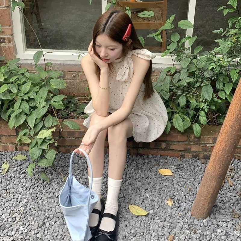 Bow Halter Lace Up Blouses Women Polka Dot Korean Tender Princess Style Sleeveless Tops Summer New Design Students Sweet Girls