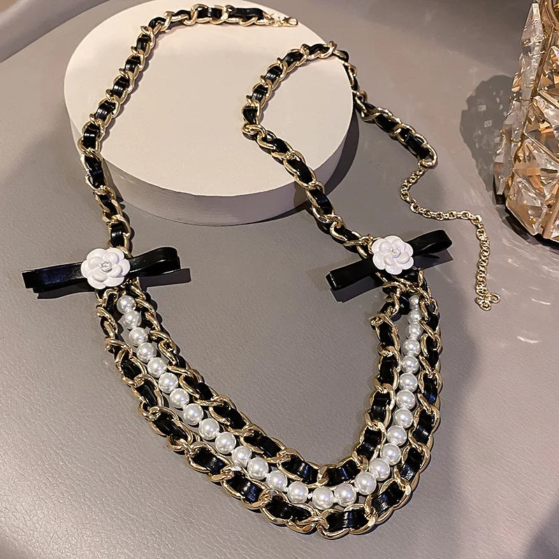 Korea Trendy Waist Chain Camellia Flower Pearl Leather Belts  Accessories for Women Party Jewelry