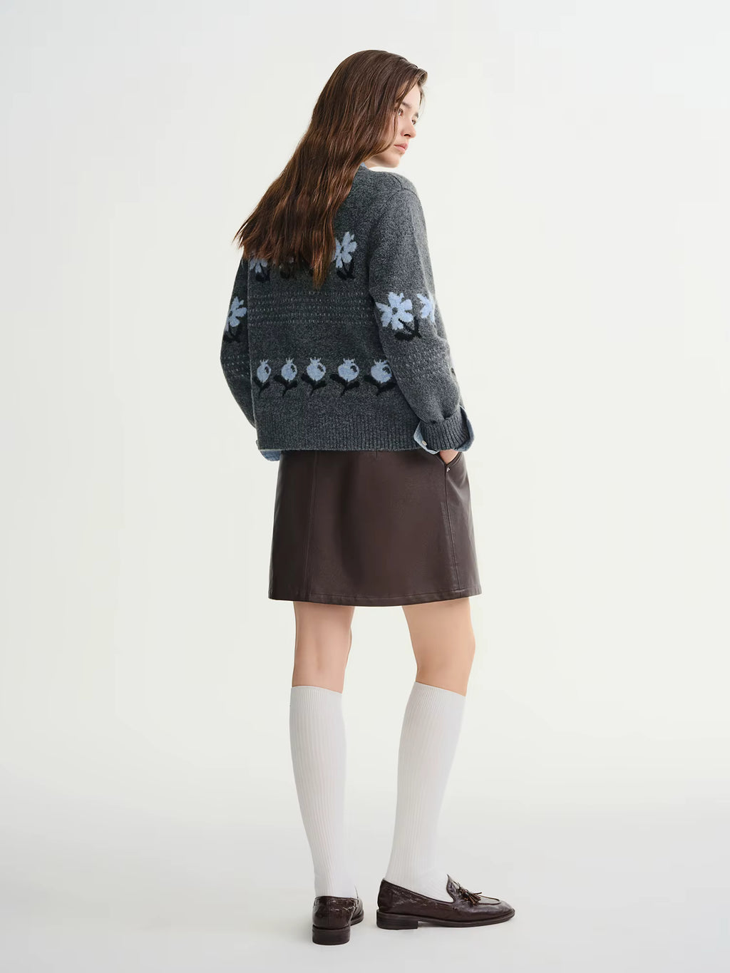 Winter 2025 Women's Floral Jacquard Knit Cardigan - Soft Lazy Style Open Front Sweater for Casual Comfort