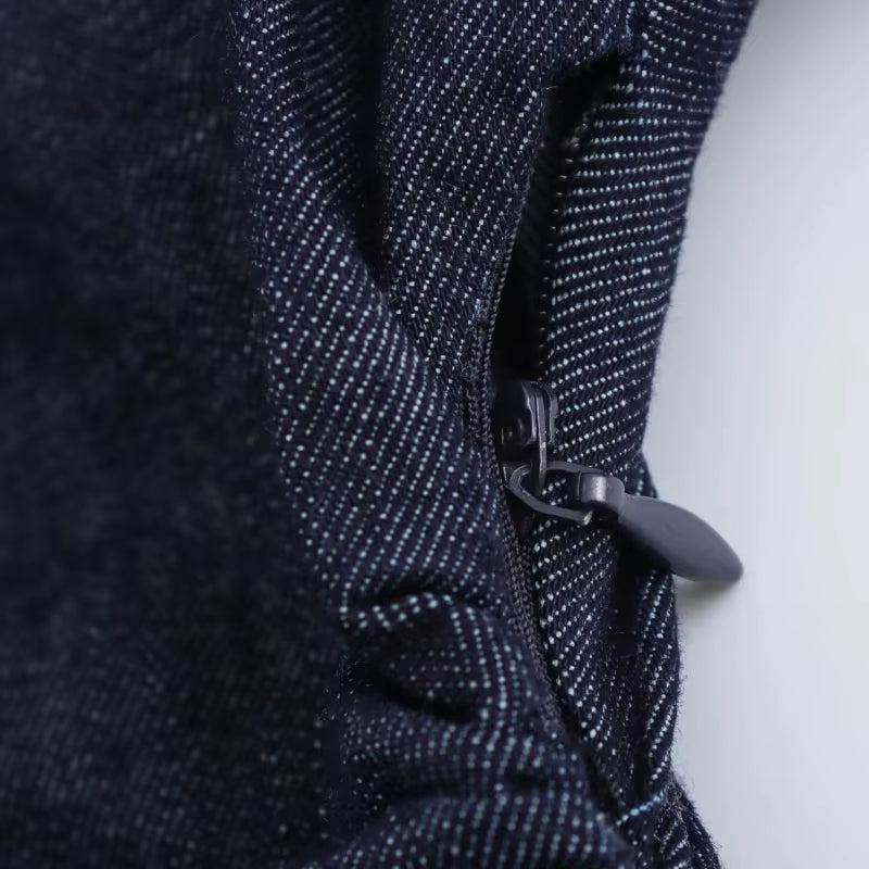 Denim MIDI dress with lapel side zipper fashion wrinkle waist slim elegant dress