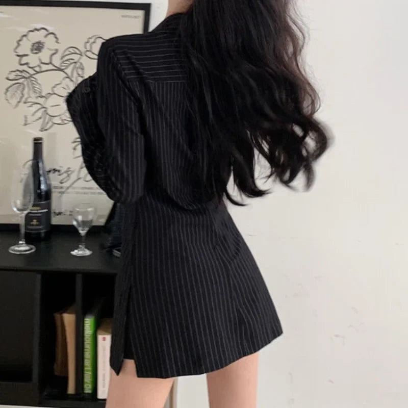 Mid-length Shirts Women Long Sleeve Striped Defined Waist Streetwear Korean Fashion All-match Classy Ins Chic Spring Female Tops