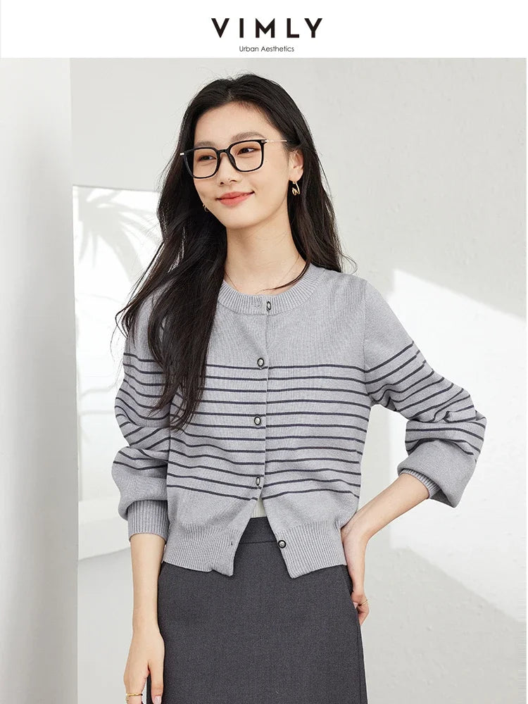 VIMLY Women's Simple Office Lady Knitwear Autumn New Striped Long Sleeve O-Neck Single Breasted Button Versatile Cardigan Tops