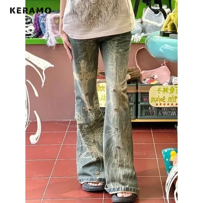 American Vintage High Waist High Street Style Straight Jeans 2024 Fashion Pants Women's Wide Leg Print Y2K Retro Denim Trouser