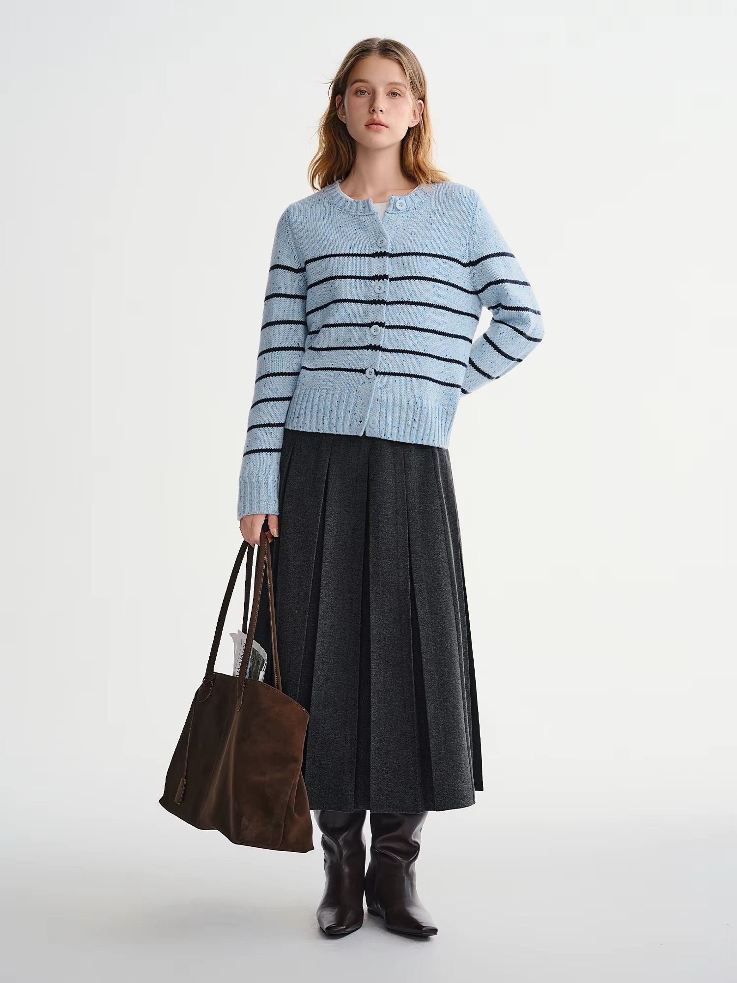 Long Pleated Skirt Women Gray Solid Simple Basics 2025 Autumn and Winter High Waist A-line Mini Skirt Korean Style