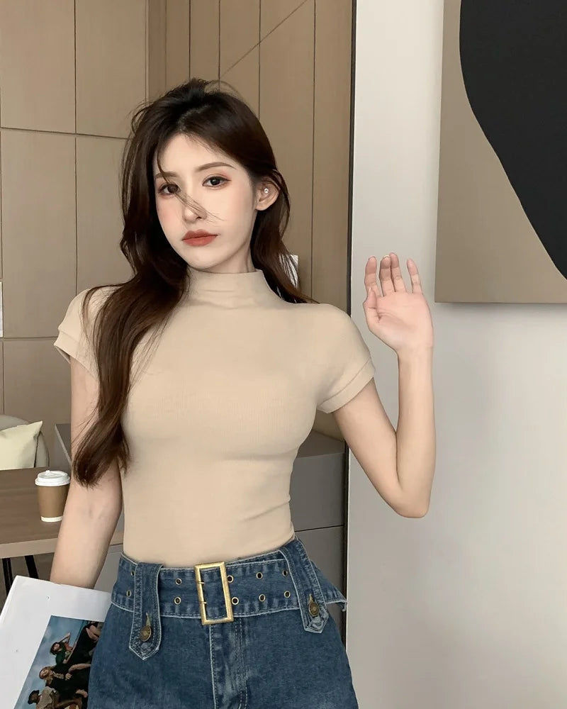 Korean Fashion Basic Crop Top Lady Short Sleeve Crewneck Skinny T-shirt Summer Tee for Women Vintage Top Harajuku Y2k Streetwear