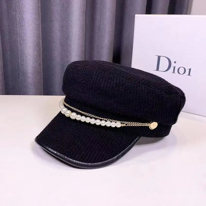 Autumn Winter Pearl Chain Flat Top Navy Hat Fashion Beret Newsboy Caps Berret Woman Octagonal Hats Women's Designer Apparel