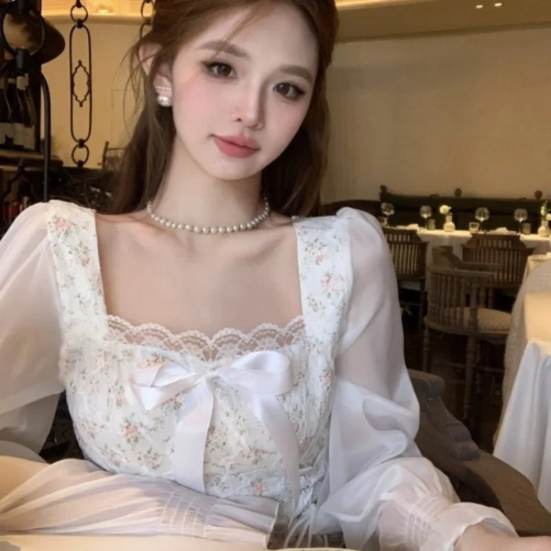 Square Collar Blouses for Women Long Sleeve Thin Summer Female Korean Style Slim All-match Casual Breathable Young Girls Lace-up