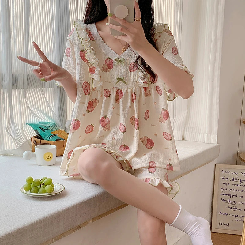 Pajama Mujer Strawberry Print Sleepwear Set Short Sleeve Top+Shorts Ruffle Homewear Skin-Friendly Breathable