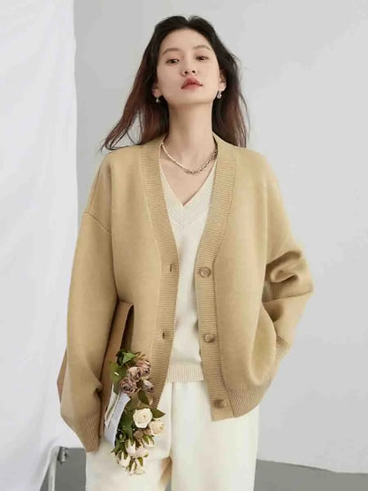 CHIC VEN Women's Cardigan Korean Casual Soild Loose Knit Sweaters V-neck Long Sleeved Fashion Female Clothes Spring Autumn 2024