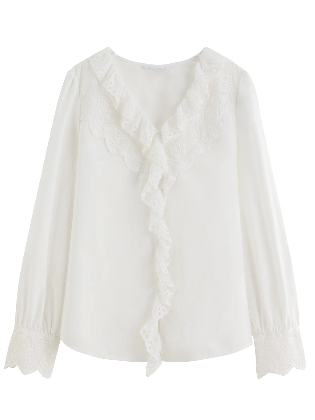 DUSHU Lace Hollow-out White Shirt 2025 Autumn New V-neck Top Elegant Temperament Stylish Office Lady Commuting Korean Style