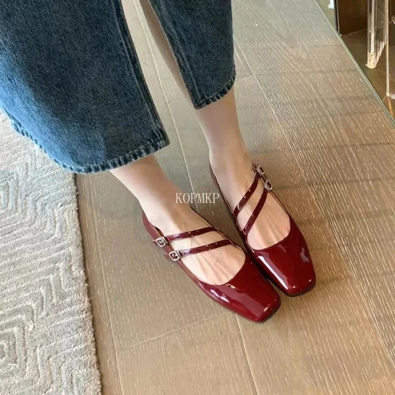 Designer Shoes Women's Flats Patent Leather Mary Janes Shoes Square Toe Double Buckle Red Low Heels Female Autumn Zaptos Mujer