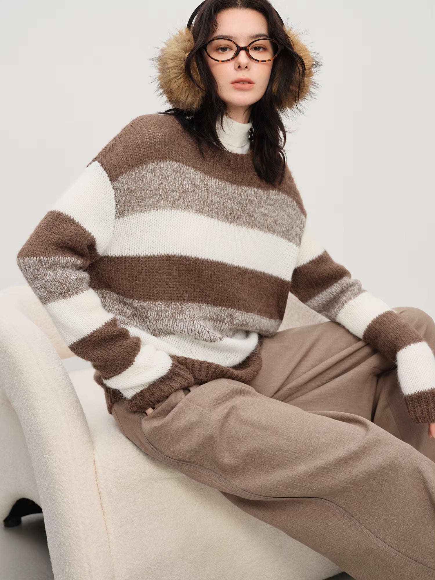 Winter 2025 Women's Mohair Knit Sweater - Striped Round Neck Soft Pullover Top with Cozy Comfort for Casual Elegance