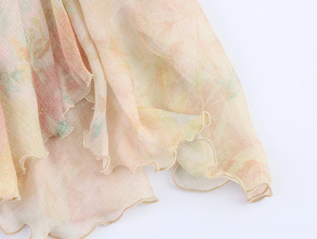 Boho Ruffled Watercolour Maxi Skirt in Pastel Chiffon