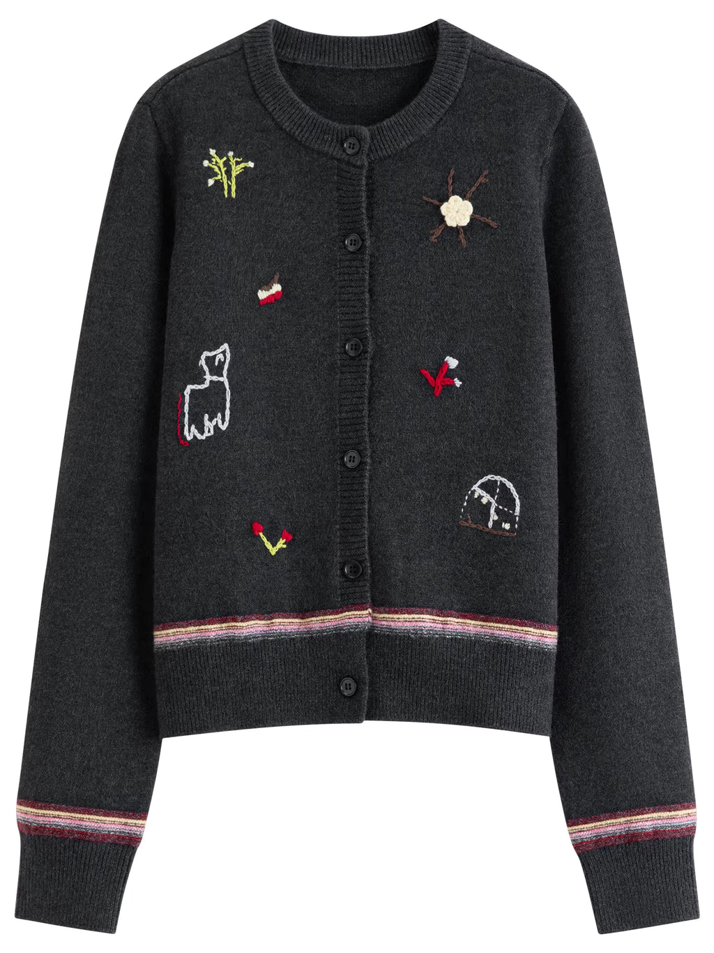 2025 Winter Women's Cute Knit Cardigan Round Neck Hand Embroidered Casual Top Soft Yarn Open Front Sweater Daily Loungewear