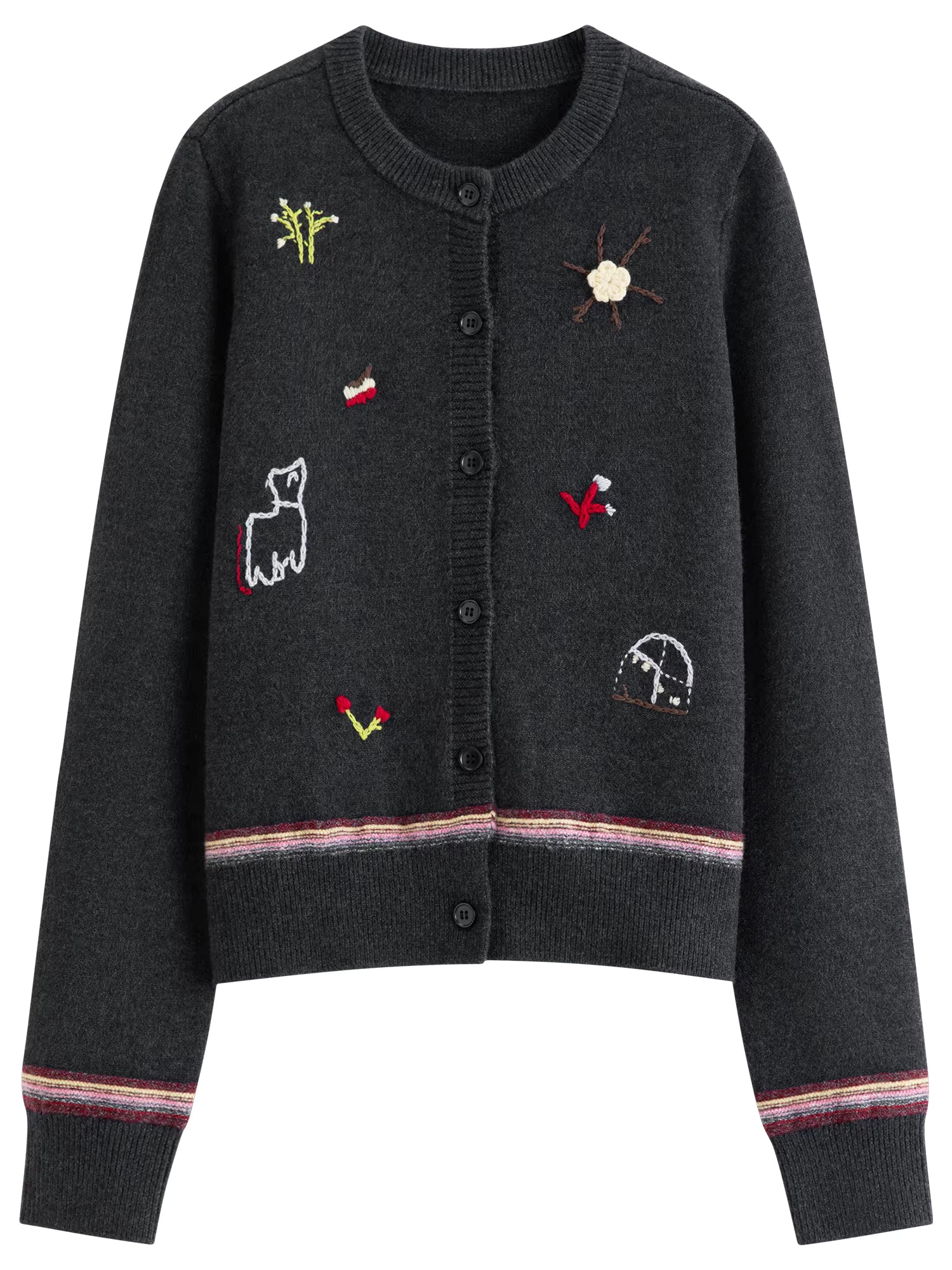 2025 Winter Women's Cute Knit Cardigan Round Neck Hand Embroidered Casual Top Soft Yarn Open Front Sweater Daily Loungewear