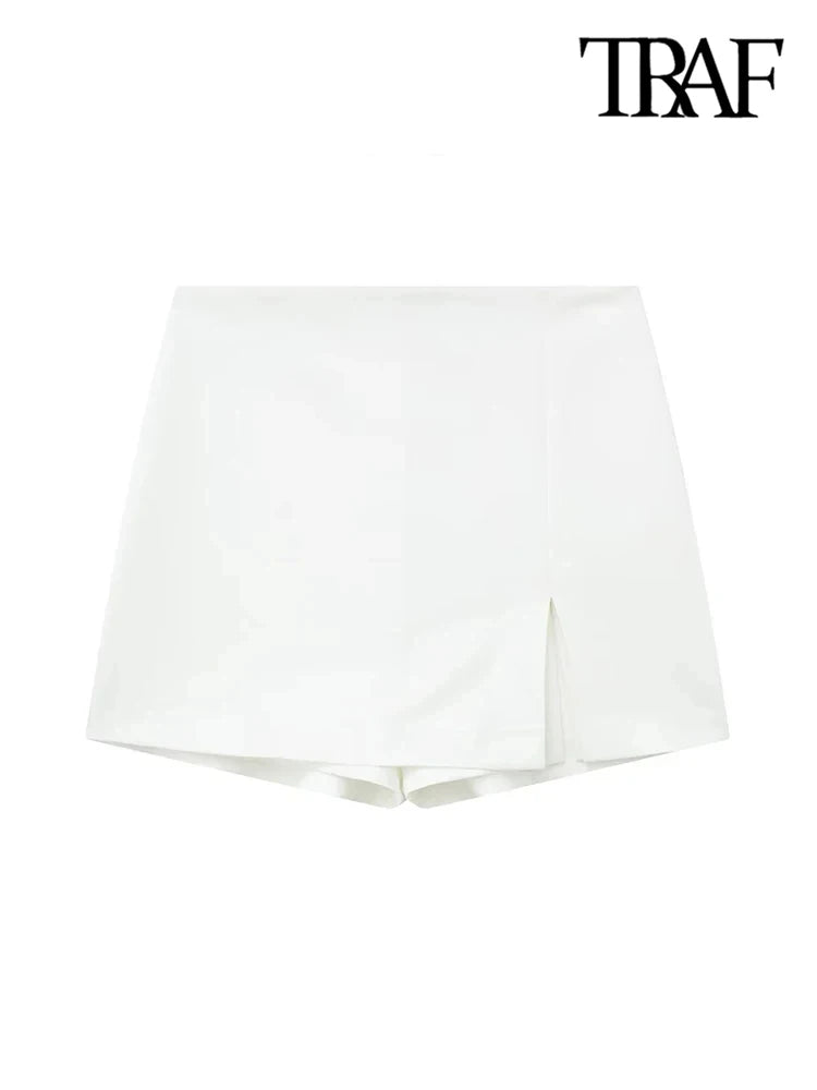 TRAF-Women's Front Slit Shorts Skirts With Side Zipper, High Waist, Female Skort,Fashion