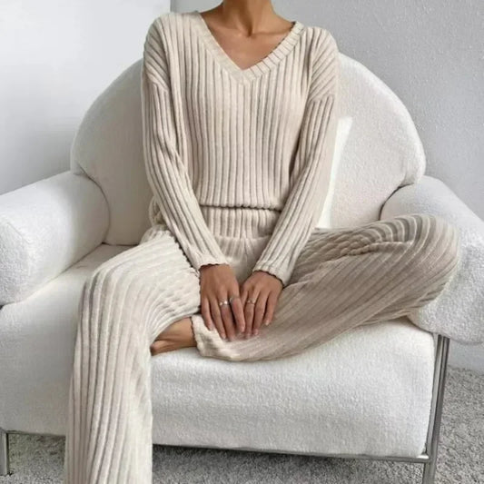 Women's Pajamas Autumn Winter New Casual Straight Pants Pullover Sleepwear Loose V Neck Knitted Home Wear Two Piece Loungewear