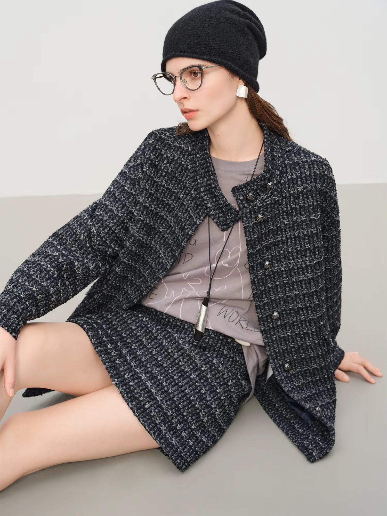 【Premium Series】 Elegant Vintage Stand Collar Oversized Coat and Short Skirt Set Women Winter Collection Coat and Skirt