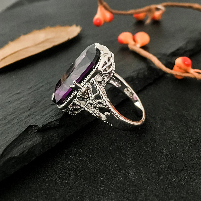 10*20mm Big Amethyst Gemstone Ring Hollowed-out 925 Sterling Silver Rings Exaggerated Silver Hand Jewelry For Women