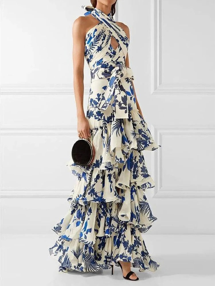 VGH Print Tierred Long Dresses For Women Halter Sleeveless High Waist Off Shoulder Hollow Out Long Casual Dress Female Fashion