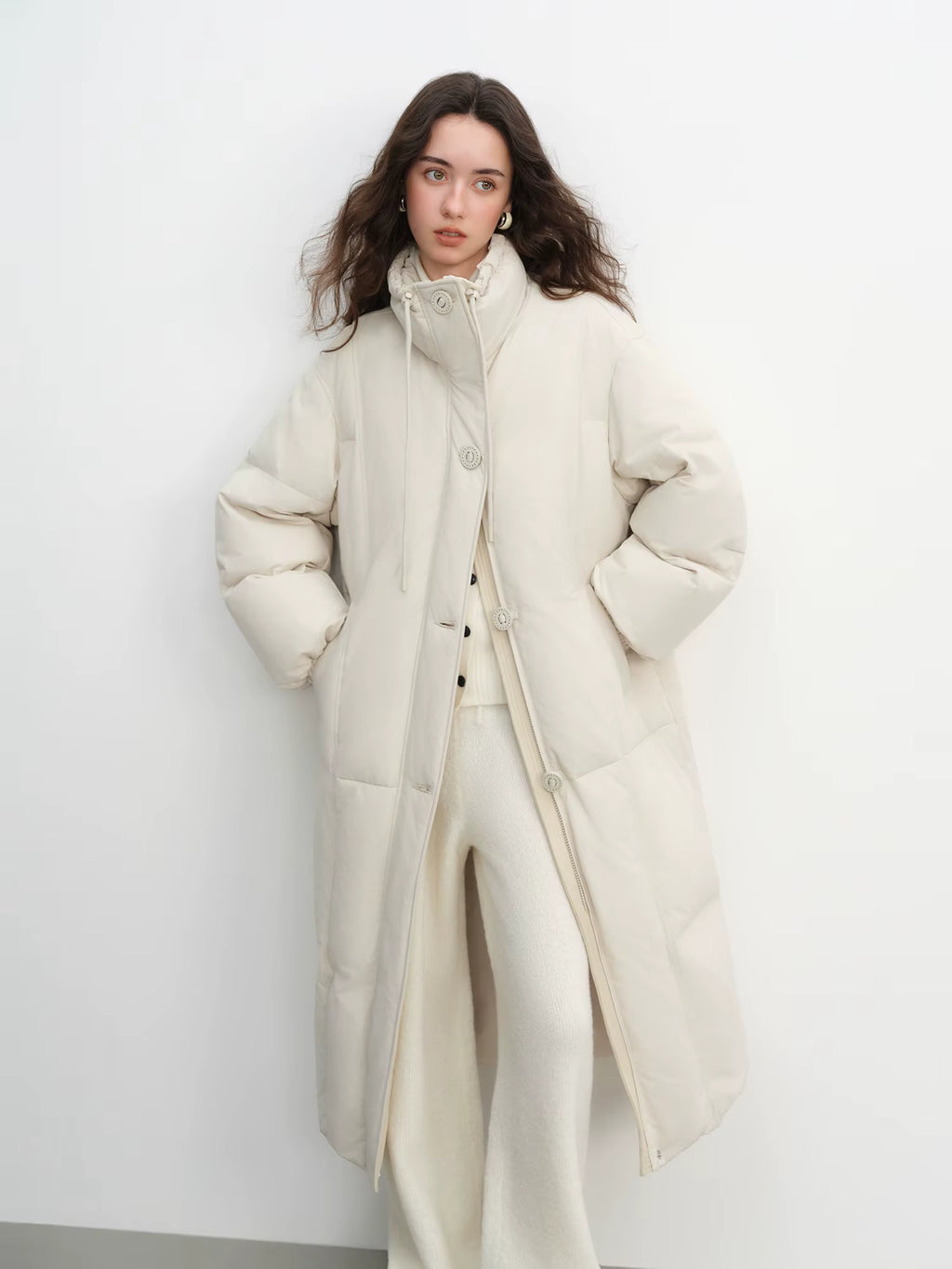Winter Women Mid-Length Puffer Downcoat with Stand Collar Korean Style Slouchy Down Jacket Loose Fit Warm Soft Outerwear