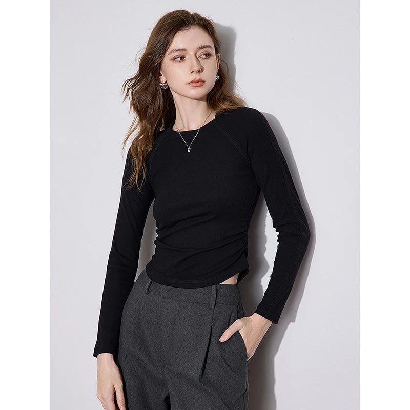 TOYOUTH Women Long Sleeve T-shirt 2024 Autumn Winter New High Elasticity Skinny Slim Fit Round Neck Pullover Basic Shirt Tops