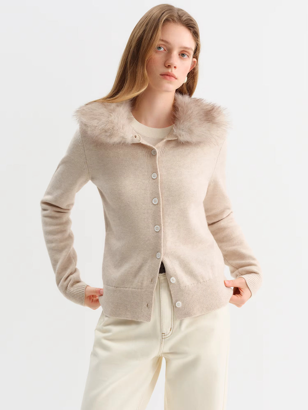 2025 Winter Women's Faux Fur Collar Knit Cardigan Long Sleeve Round Neck Coat Simple Commute Cozy Oversized Open Front