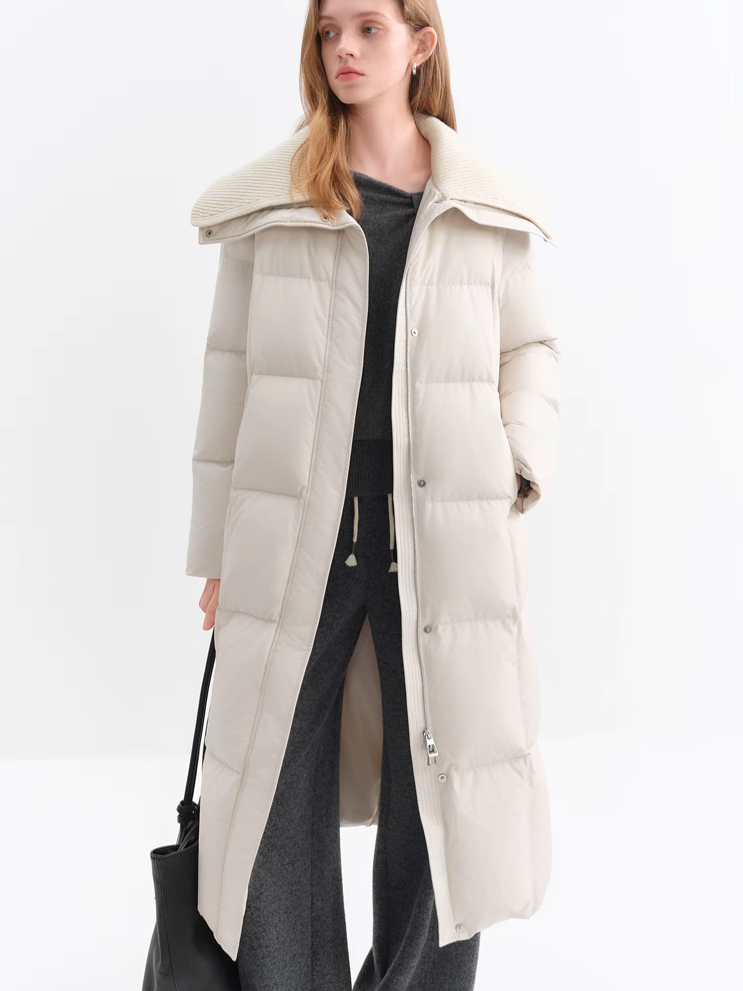 2025 Winter Women's Knit Notch Lapel Long Down Coat - Simple H-Line Design Thermal Insulated Outerwear for Casual Warmth