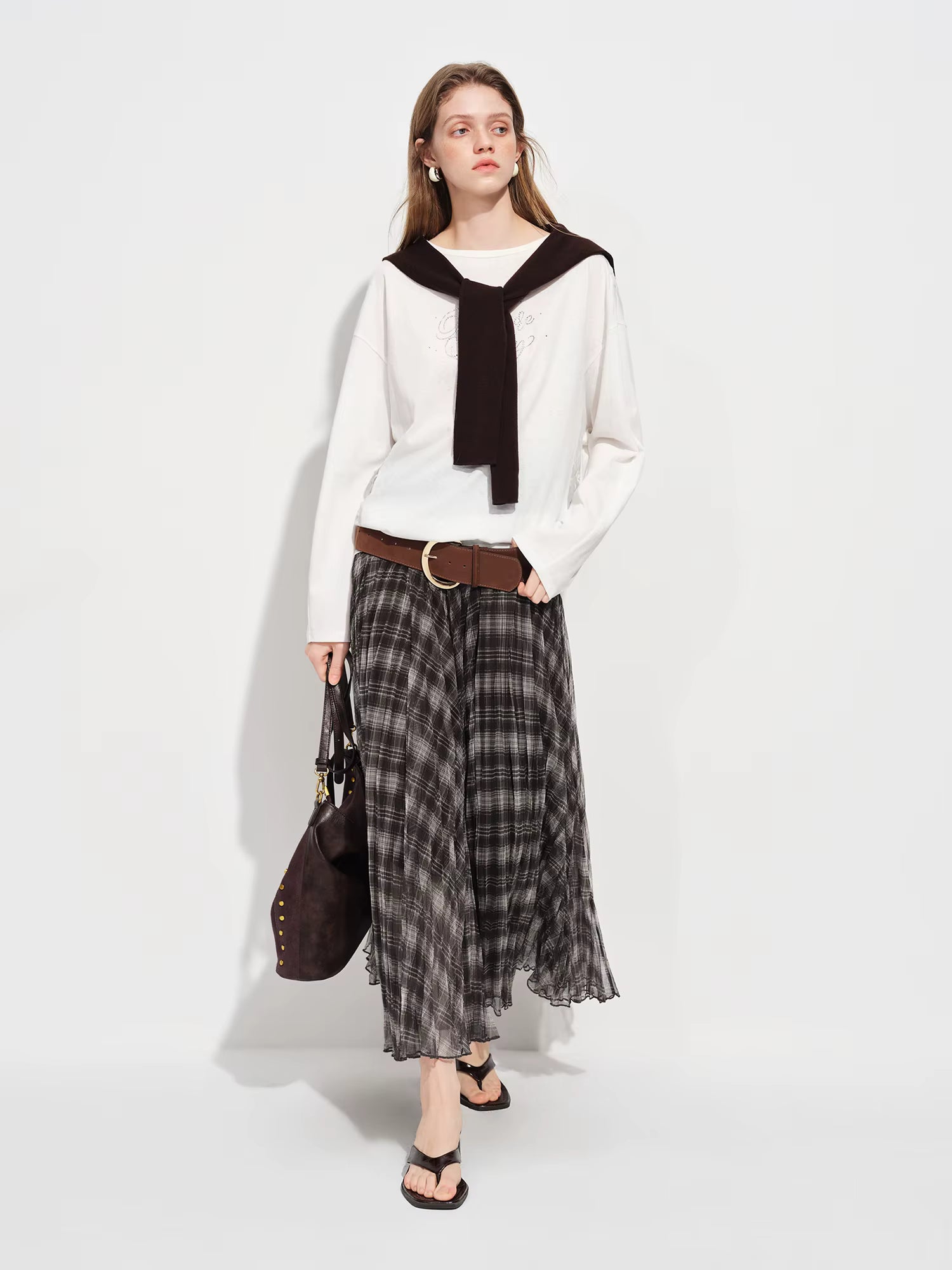 Retro Plaid Mesh A-line Skirt for Women New Spring Style for 2026 Flowing Draped Skirt Ankle-length Streetwear Citywalk Ins